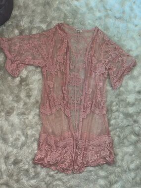 Sheer Floral Lace Kimono Robe in Dusty Pink - Lightweight Cover-Up